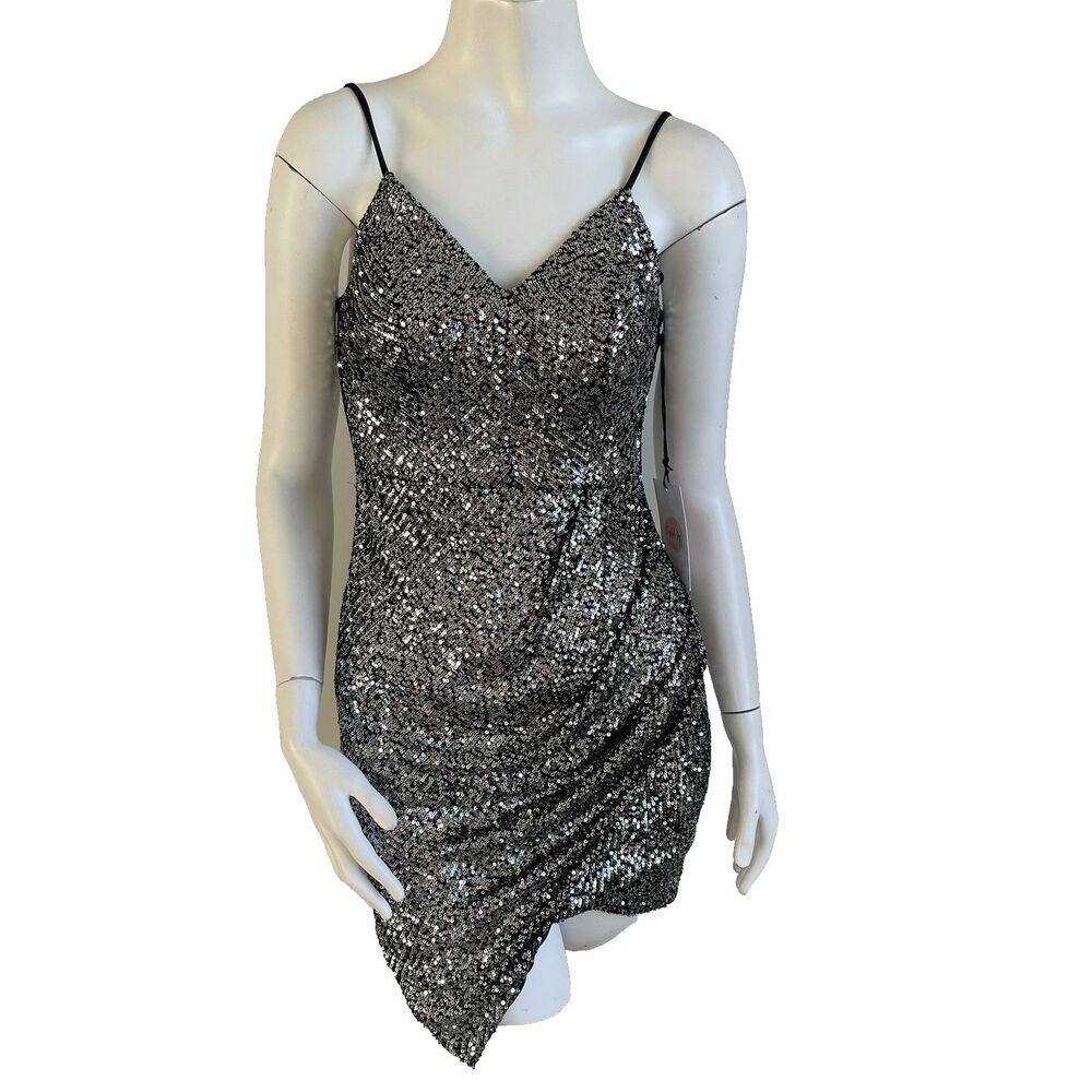 Crystal Sky Womens S Sequins Silver Black Party Mini Dress New Year Holiday Club